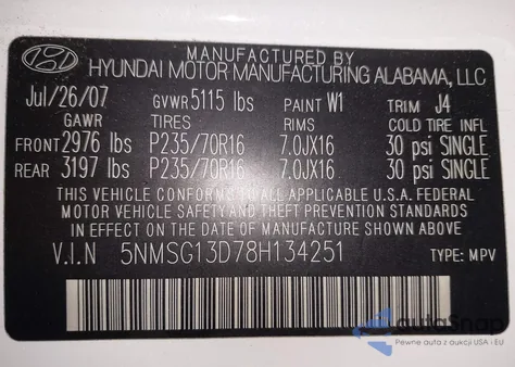 2008 Hyundai Santa Fe Gls z USA, uszkodzony, nr VIN 5NMSG13D78H134251